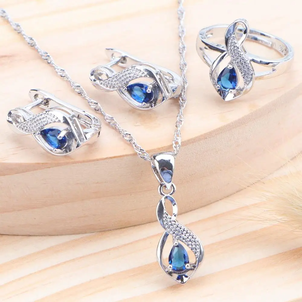 Blue Свадебные 925 пробы, серебряные свадебные ювелирные наборы, роскошные циркониевые Волшебные радужные детские ювелирные изделия, серьги, ожерелье, кольцо для женщин - Окраска металла: Blue