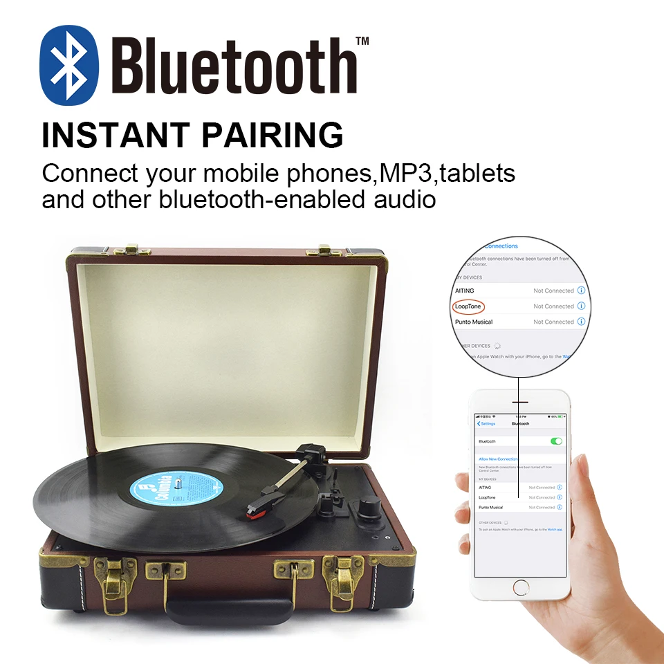 LoopTone Bluetooth Портативный 33/45/78 оборотов в минуту вертушки виниловых пластинок