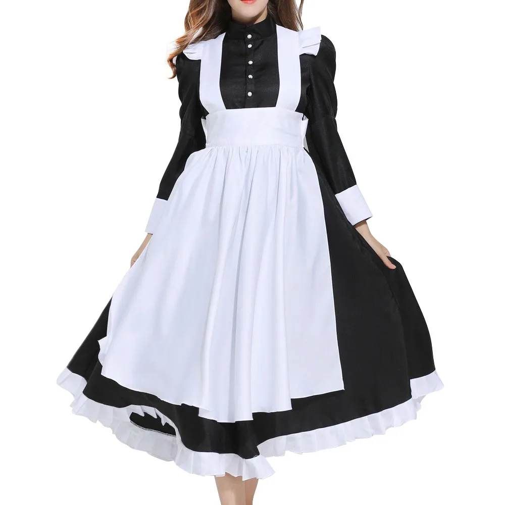 Платье для горничной в викторианском стиле с фартуком длинные рукава до колена