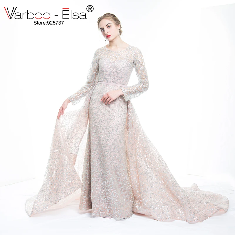 VARBOO_ELSA/ Новое поступление, блестящее вечернее платье с блестками, длинный съемный шлейф, Длинное нарядное платье с рукавом, мусульманское платье для выпускного вечера в арабском стиле