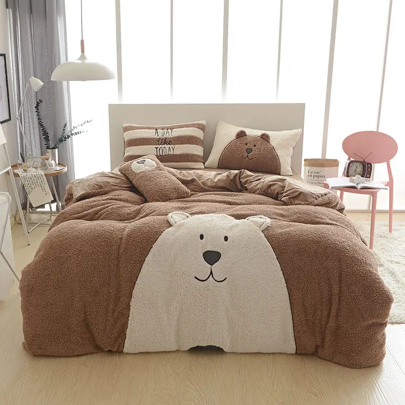 

Коричневый Милый мультяшный Белый Медведь Кролик аппликация вышивка флисовая ткань Комплект постельного белья толстый пододеяльник простыня наволочки