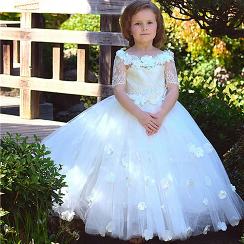 

Luxurious Flower Girl Dresses Lace Applique Half Sleeves Tulle Girls Pageant Dress First Holy Communion Wedding Party Dresses