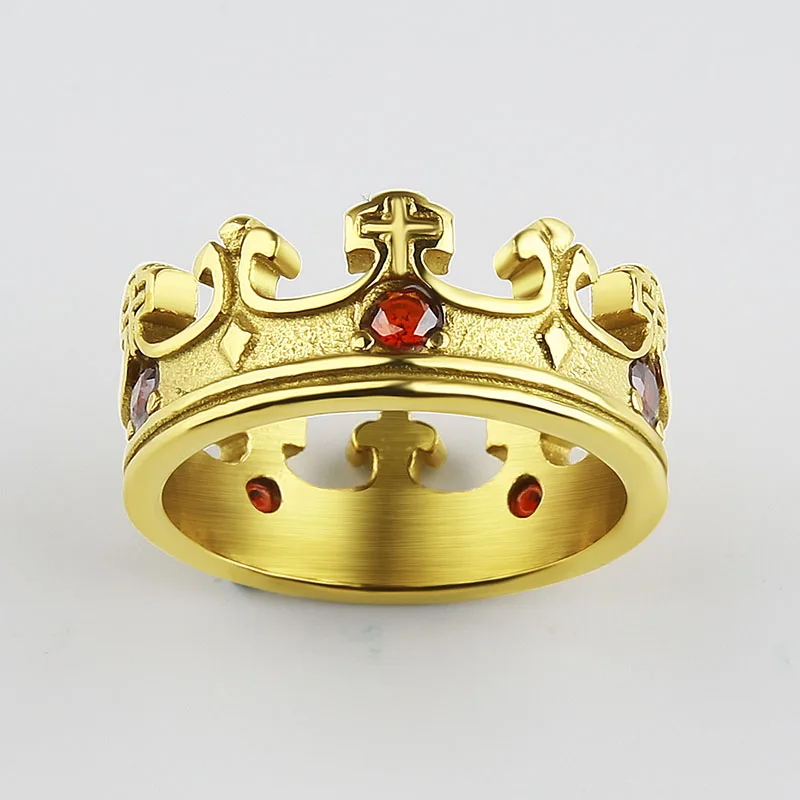 Gold 2 Valily мужское кольцо с короной, черная Королевская корона, Рыцарский крест, кольца из нержавеющей стали, красный циркон, обручальное кольцо для женщин и мужчин - Цвет основного камня: Gold 2