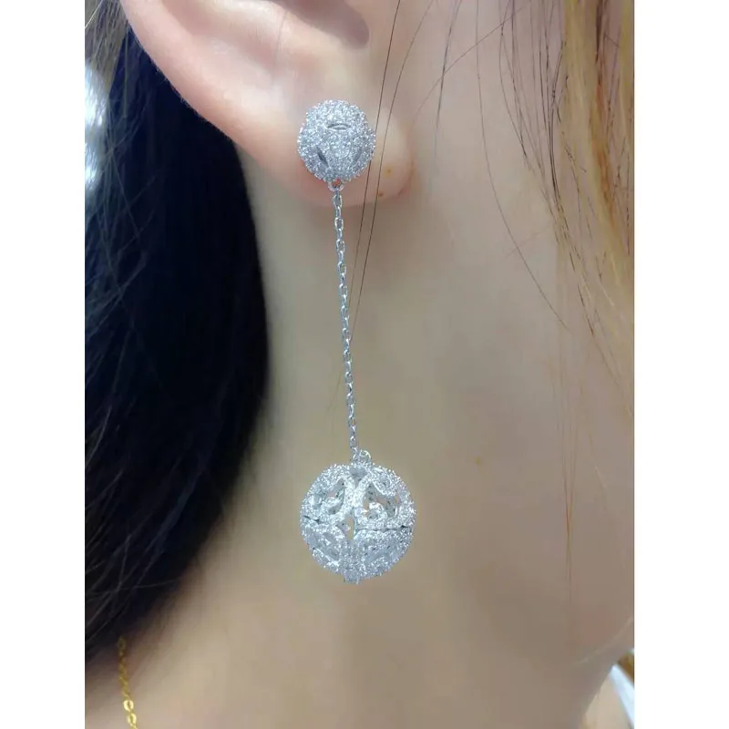 New design hollow 62 mm 2.44 inch long micro pave AAA Cubic Zirconia round ball dangle earrings for women luxury fashion jewelry | Украшения