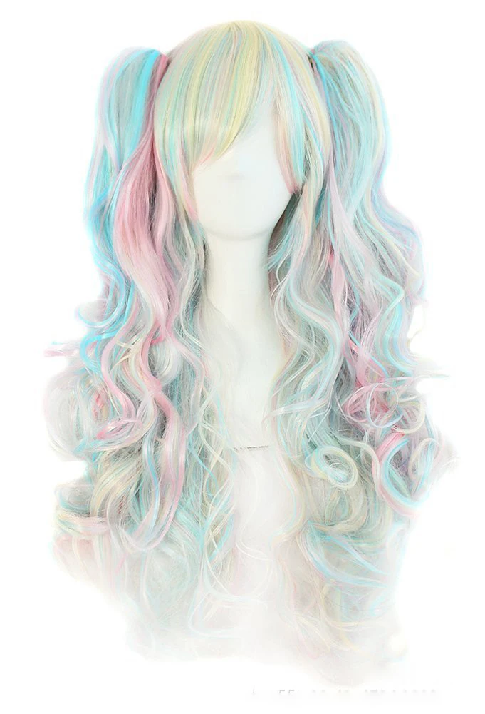 

New Fashion Lolita Multicolor Wigs Long Curly Hair Double Ponytail Harajuku Costume Anime Halloween Cosplay Party Daily Wig