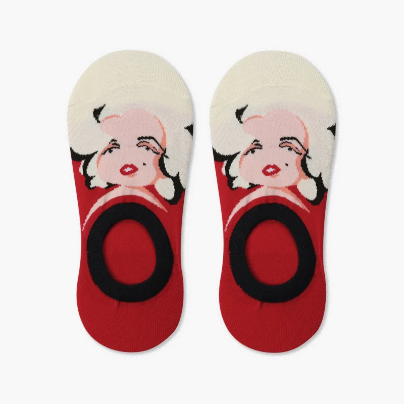 white red HUI GUAN абстрактный мультфильм узорные дышащие низкие носки женские бесшовные Невидимые носки все хлопковые короткие носки-лодочки - Цвет: white red