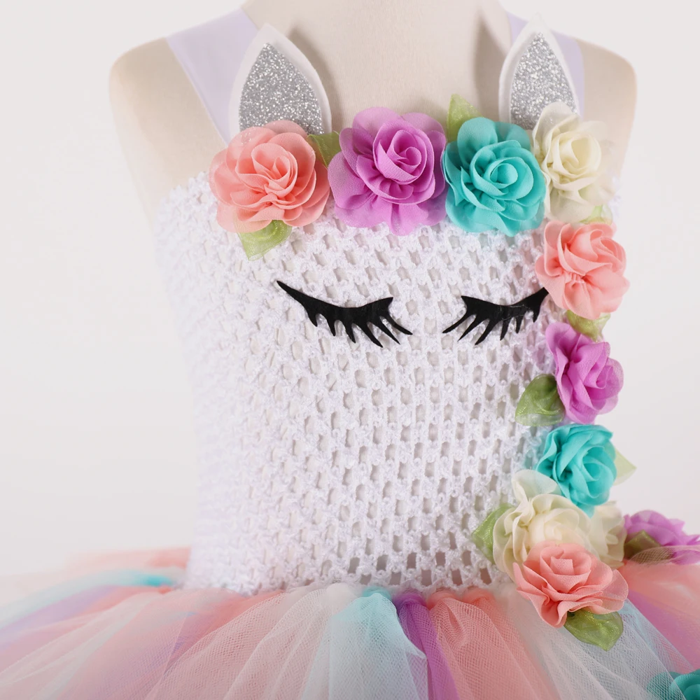 POSH DREAM Peach Pink Flower Kids Girls Party Dresses Unicorn Rainbow Cosplay Costume with Headband New Baby Cloth | Детская одежда и