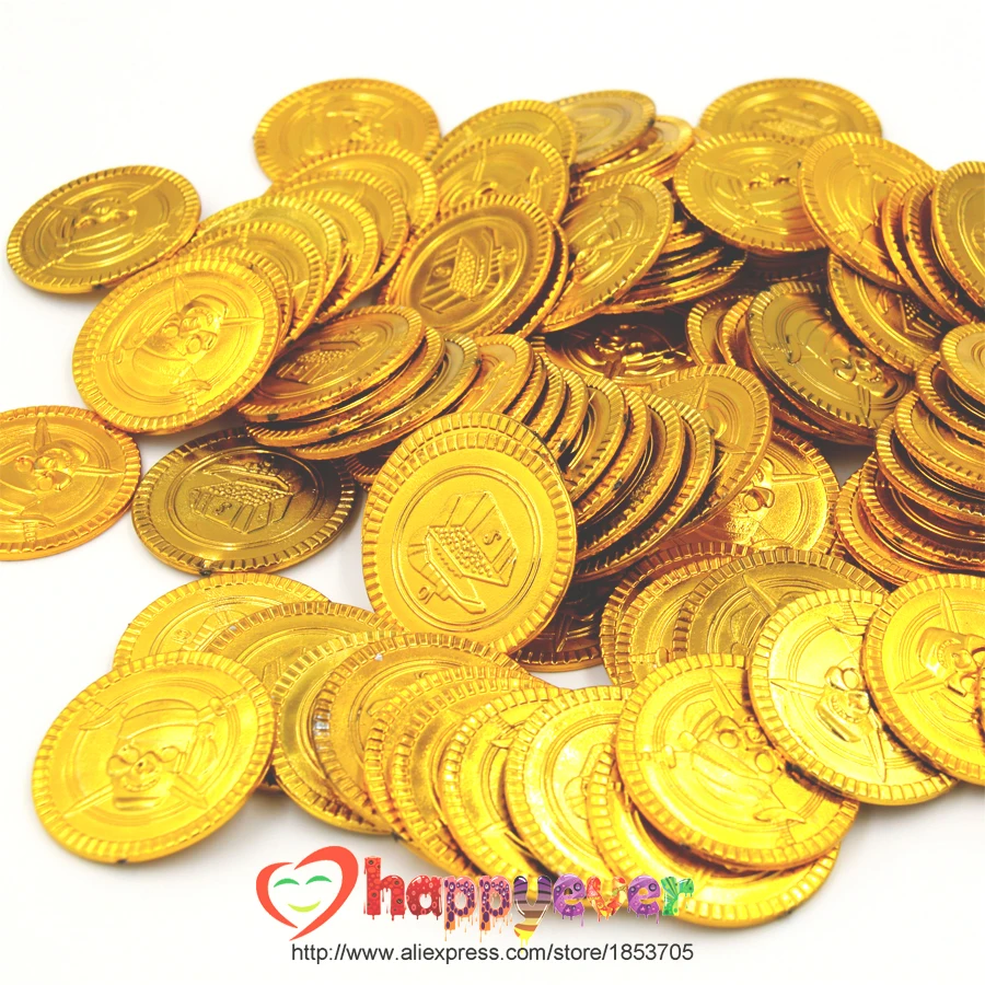

100Pcs Plastic Gold Treasure Coins Captain Pirate Party Favors Pretend Treasure Chest Kids Party Supplies Party Coins