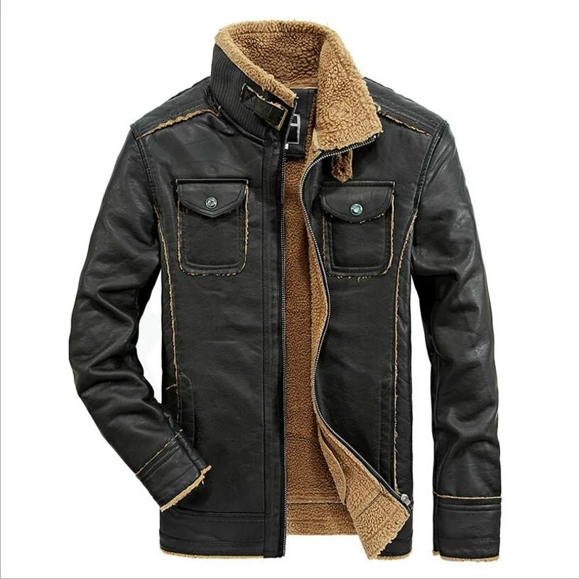 

Men Winter Warm Leather Jackets Wool Liner Thicker Warm Down Jackets Men Outwear Casual Leather Coats