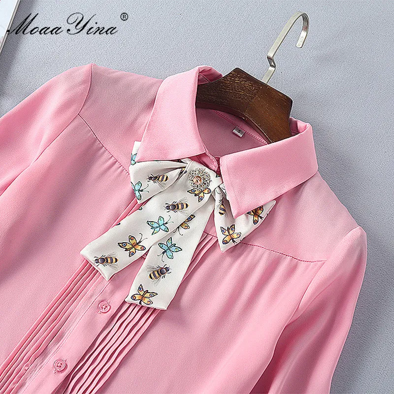 MoaaYina Designer Set summer Women Long Sleeves Bowknot Crystal Ruched Pink Shirt+Cartoon Character Sexy Mini Short Skirts | Женская
