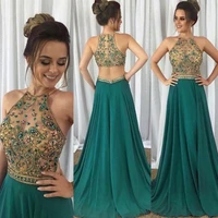 sexy prom dresses 2020 crystal beaded beading halter neck a line chiffon green evening dresses gowns arabic