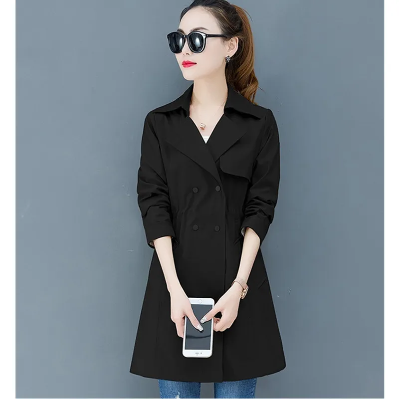 

UHYTGF Mid-length womens Spring autumn Windbreaker coat Fashion Female plus size outerwear Double-breasted Casual thin coats 461