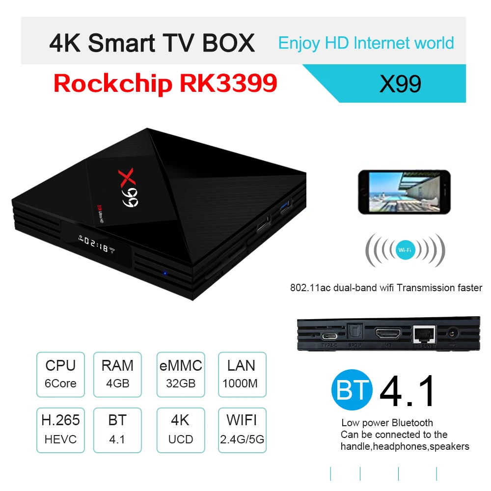 X99 с двумя камерами процессор Rockchip RK3399 ТВ коробка Android7.1 Smart Home Media Player 4 Гб 64 2 ГГц/Wi Fi