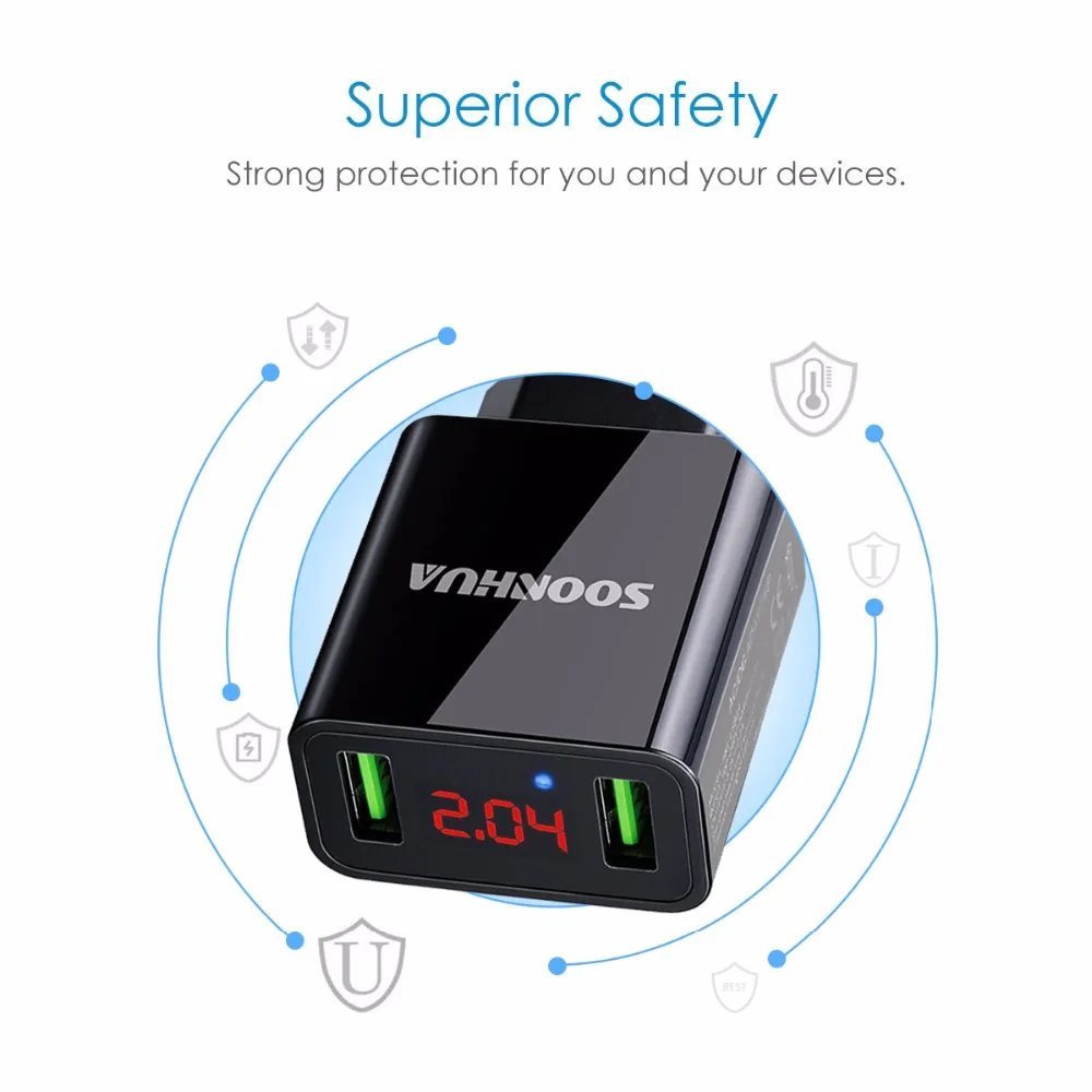 SOONHUA светодиодный дисплей, двойное USB зарядное устройство, штепсельная вилка EU/US 2.2A, Макс., умное быстрое зарядное устройство для мобильного телефона, настенное зарядное устройство для iPhone, iPad, samsung