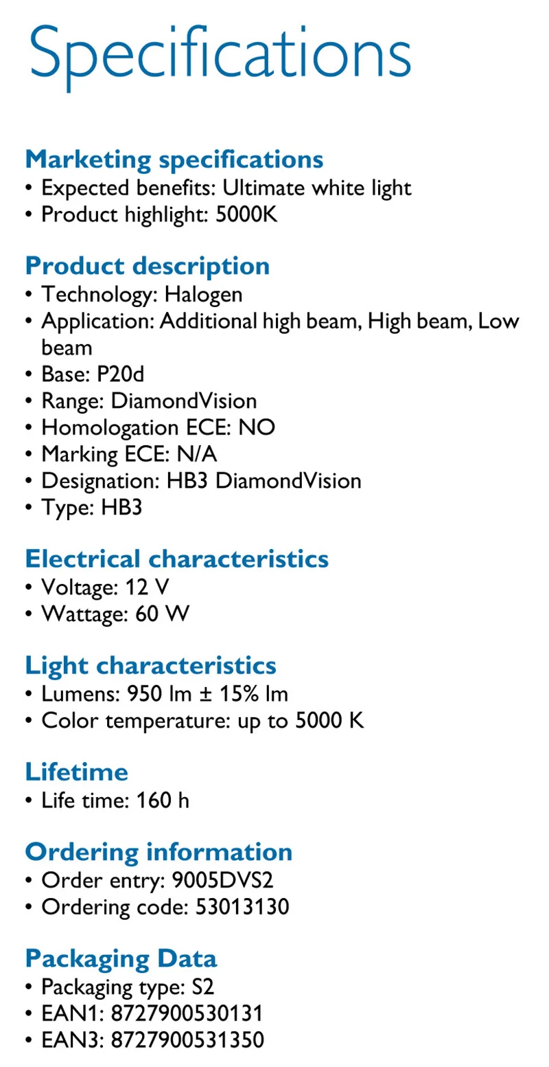 Philips HB3 9005 12В 65 Вт Diamond Vision 5000 К супербелый светильник галогенные лампы автомобилей головной светильник P20d 9005DV S2, пара