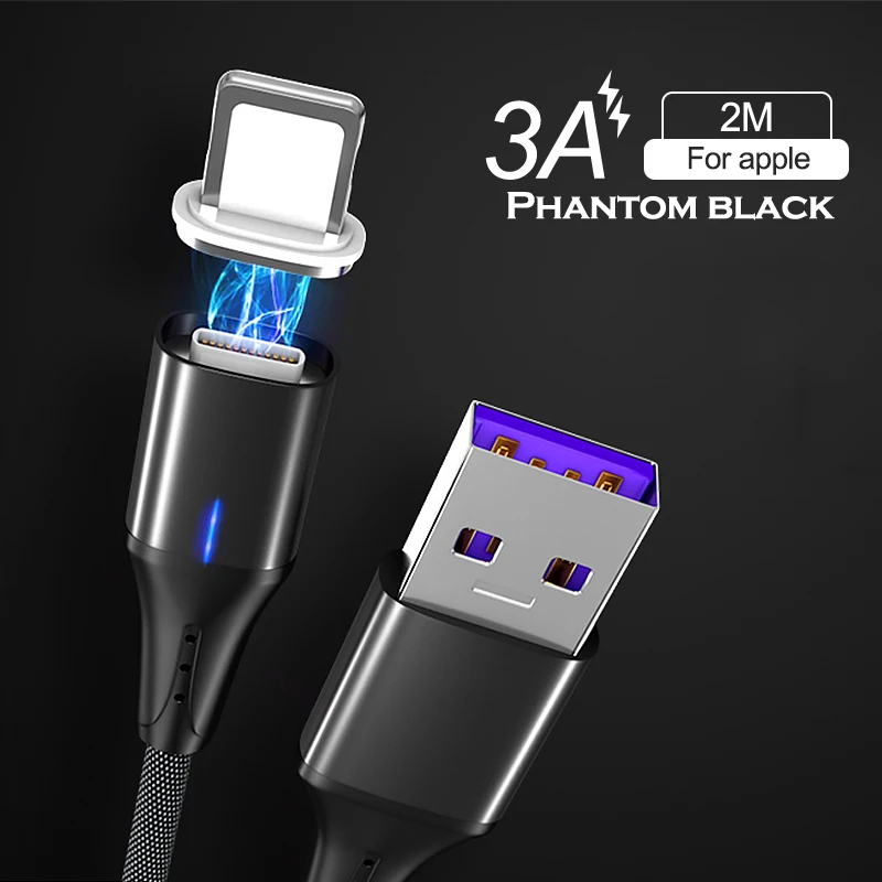 3A Black For Apple Магнитный usb-кабель 3A 2 м для iPhone X, Магнитный зарядный кабель передачи данных для быстрой зарядки, кабель Micro USB type-C для samsung Xiaomi huawei - Цвет: 3A Black For Apple