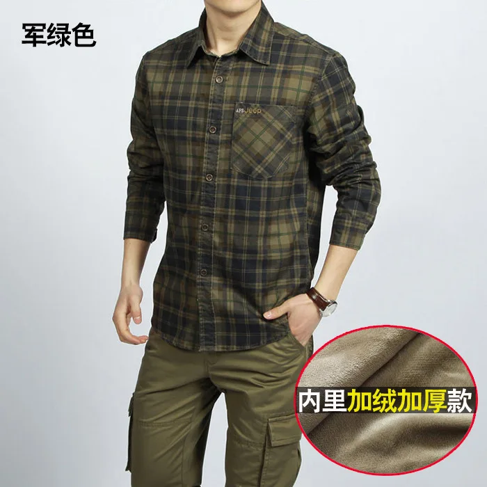 Мужская теплая рубашка из 100% хлопка с флисовой подкладкой в клетку бархатным