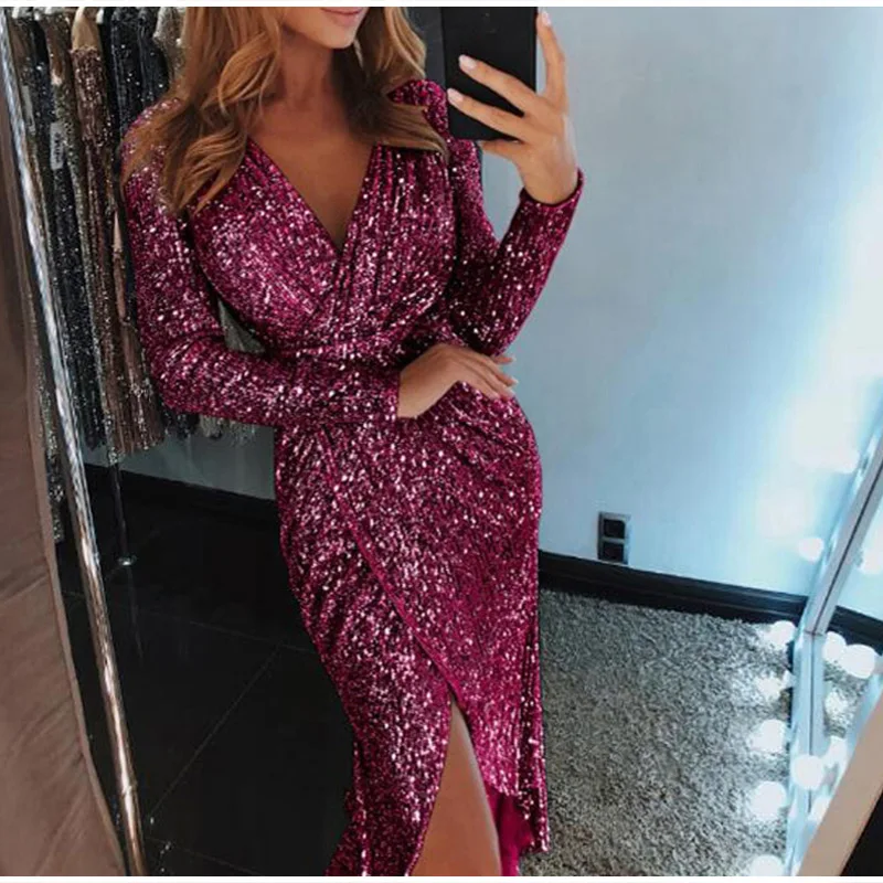 Sequin Sexy Глубокий V образным вырезом для женщин миди платья для разделение с длинным рукавом повседневное тонкий необычное платье для вечеринки для женщин весн