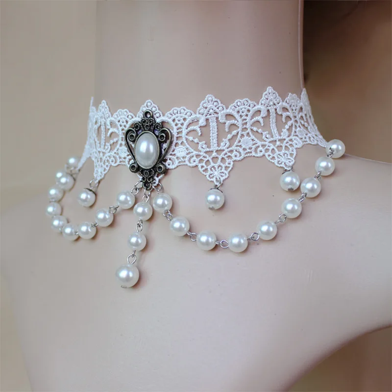 

12 Pieces/Lot Sexy Hollow White Lace Pendant Necklaces Imitation Pearls Beads Charm Chokers For Women Clavicle Link Chain Gothic