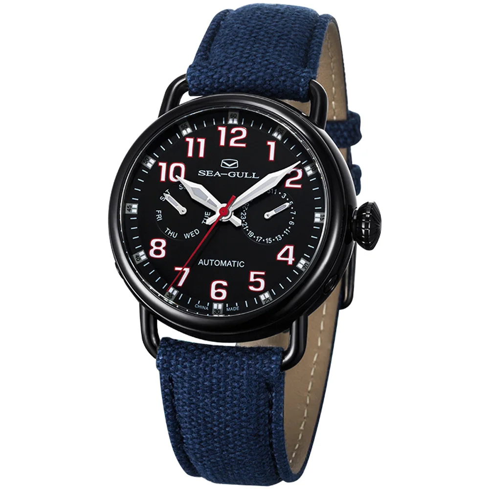 Genuine Seagull watches men 811.23.5026H Mechanical Chronograph Chinese Military men's Watch Luminous Arabic Numerals Black Dial - Цвет: Leather