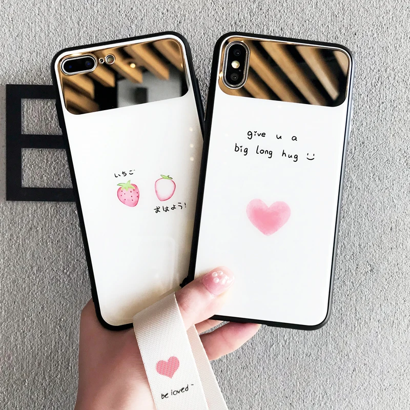 Роскошный зеркальный чехол для iPhone 6 S 7 8 plus love heart розовый клубничный стеклянный X