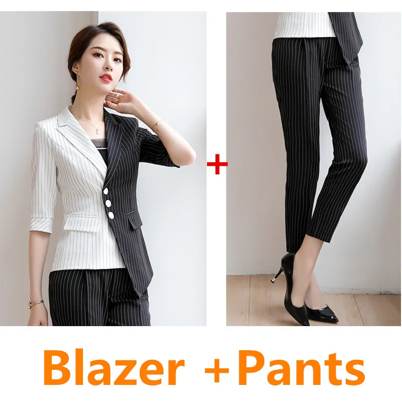 Blazer and Pants Английский стиль, Белый Черный Полосатый Блейзер, женский элегантный офисный костюм, Женские рабочие костюмы, женский блейзер с рукавом до локтя, Прошитый пиджак - Цвет: Blazer and Pants