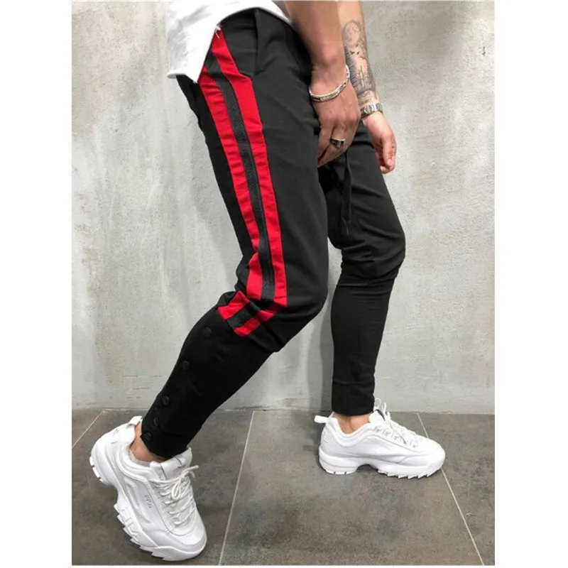 Black and red Мужские повседневные обтягивающие спортивные брюки для спортзала, спортивный костюм, обтягивающие штаны для бега, спортивные штаны с пуговицами, штаны-шаровары - Цвет: Black and red