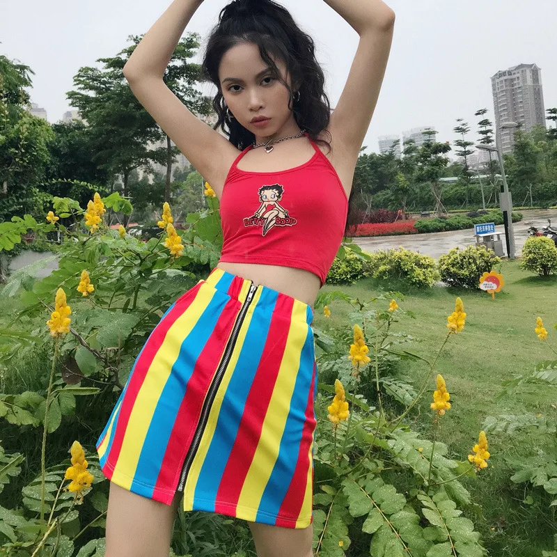 Harajuku Винтаж ins Горячая Радуга Цвет Полосатый hig Талия молния мини юбки YQ-743
