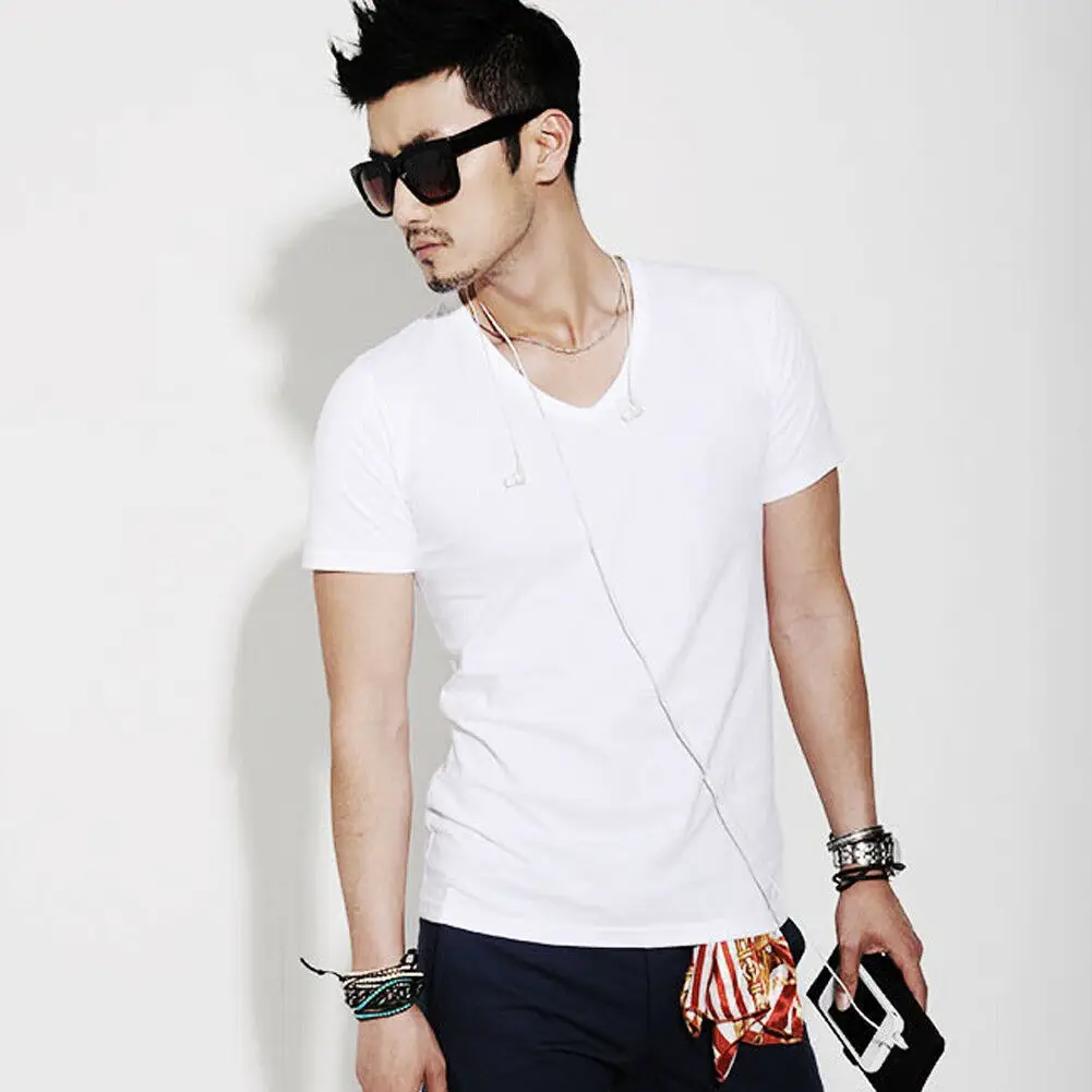 Футболка мужская Спортивная с V образным вырезом хлопок короткий рукав