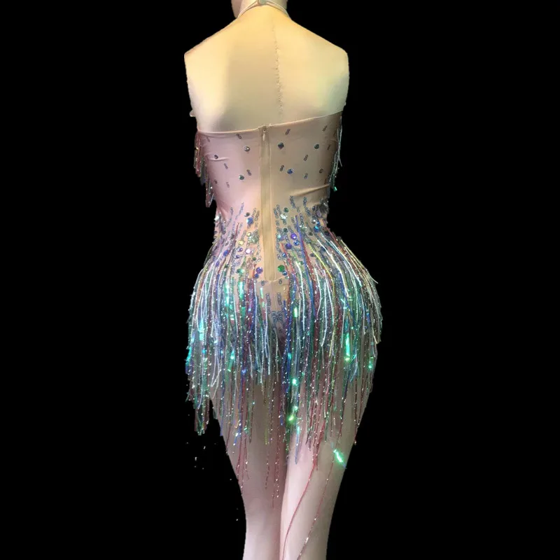 Christia Bella Bling Bling Rhinestone Bodysuit Women Stage Costumes Nightclub Tassel Jumpsuit Sexy Singer Outfits Performance