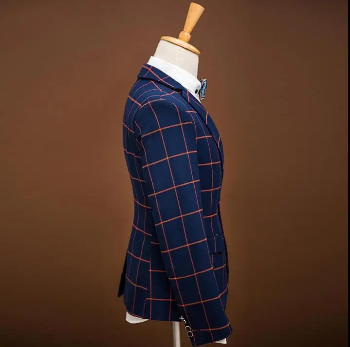 

Men plaid suit costume ternos slim masculino jaqueta masculino mens formal dress blue singer stage male groom suit + pant 2XL