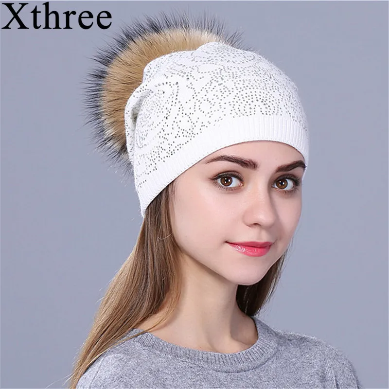 white Xthree новые Стразы зимняя женская шапка для девочек теплая шерстяная вязаная шапочка Skullie натуральный мех Pom Gorro женская шапка - Цвет: white