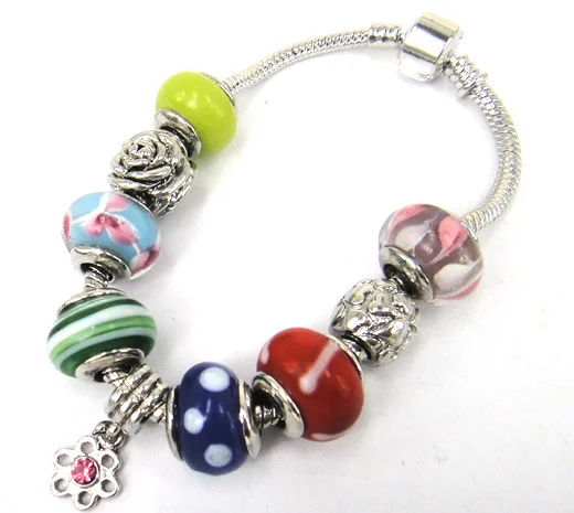 Бесплатная доставка, разноцветный стеклянный браслет с бусинами и цветком розы, металлический браслет с подвеской в виде цветка из фианита