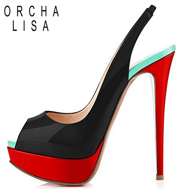ORCHA LISA/туфли-лодочки на очень высоком каблуке вечерние туфли на платформе женские лакированный кожаный женский черный тонкий каблук с открытым носком, большие размеры 46