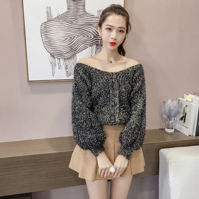 QoerliN Sexy V-Neck Sweater Winter Women Lantern Long Sleeve Pullover Lurex Loose Casual Knitting Jumper Girl Autumn New Arrival | Женская