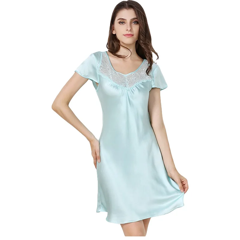 New 100% Silk Satin Women Nightgown Short Sleeves Nightdress Solid Color Elegant Ladies Sleepwear sp0043