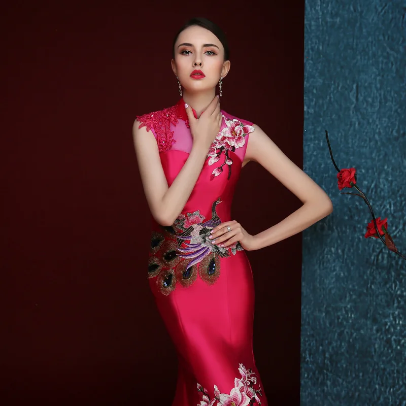Чонсам китайский стиль длинные qipao красный Русалка Свадебные Кружева