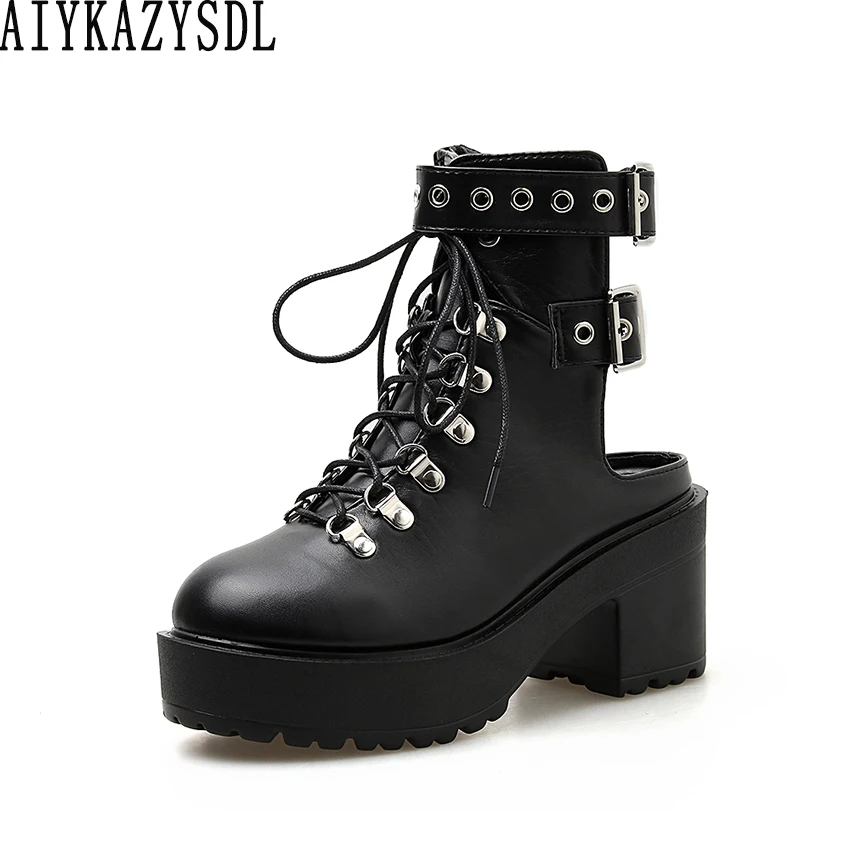 

AIYKAZYSDL Women Gothic Rome Bootie Metal Buckle Biker Motorcycle Ankle Boots Slingback Platform Block High Heels Wedge Shoes