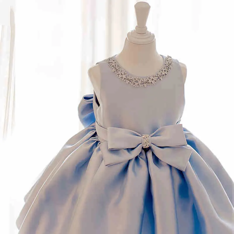 Toddler Blue Satin Baby Baptism Dress Bead Princess Infant Wedding Gown Big Bow 1 Year Girl Birthday Kids Party Wear | Детская одежда и