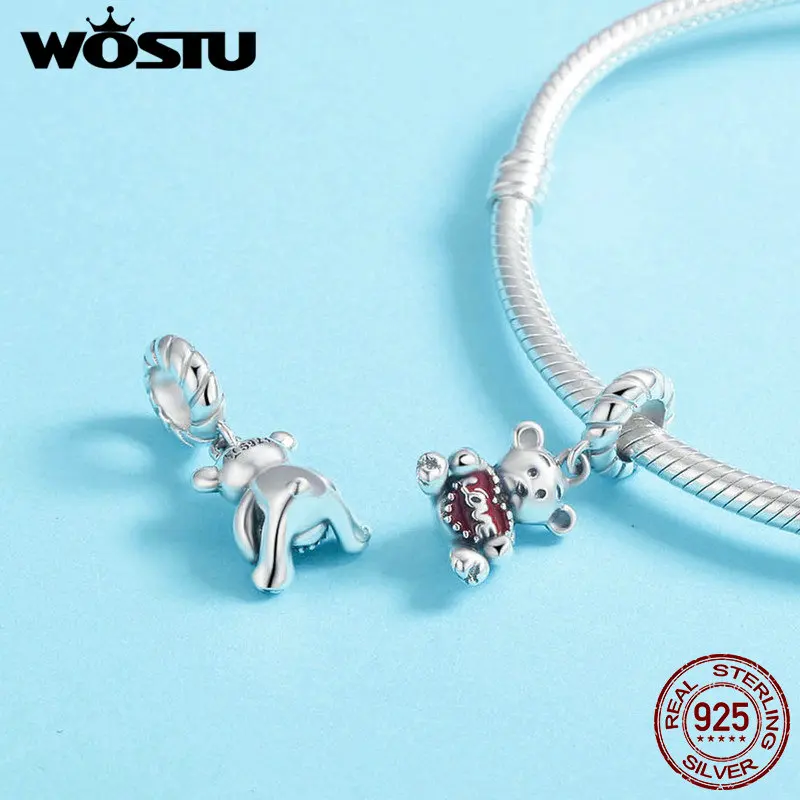 WOSTU 100% Серебряная коллекция животных маленький Медвежонок с любовью шарм