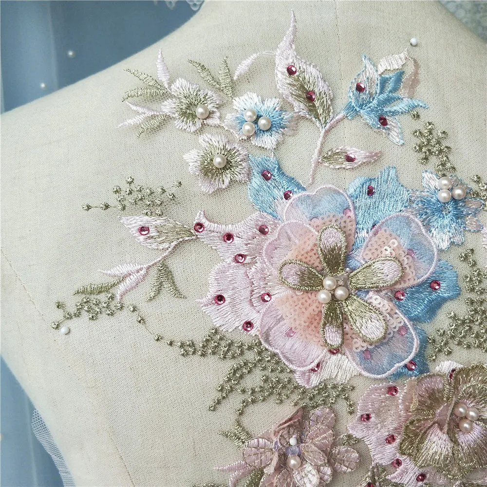 

1pc 35*28cm beaded lace applique for wedding dress large floral rhinestone lace appliques patches Embroidery patch lace flowers