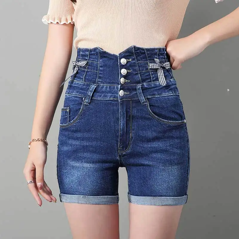 Лето 2019 синие тонкие короткие шорты с высокой талией джинсы Feminino сексуальные
