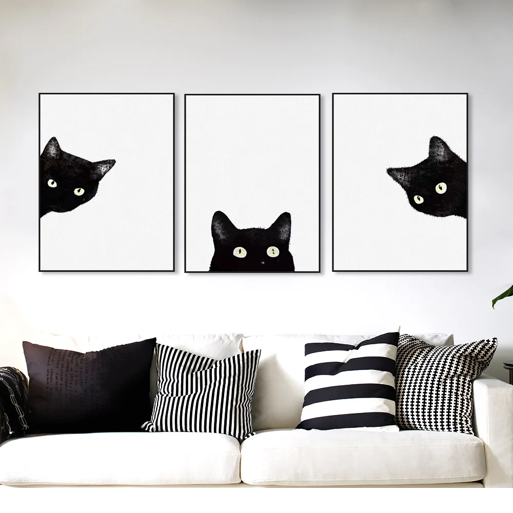 3 pcs CLSTROSE акварельный минималистичный Kawaii животные черная голова кошки Холст А4 художественный Принт плакат скандинавские настенные картины Домашний декор живопись - Цвет: 3 pcs