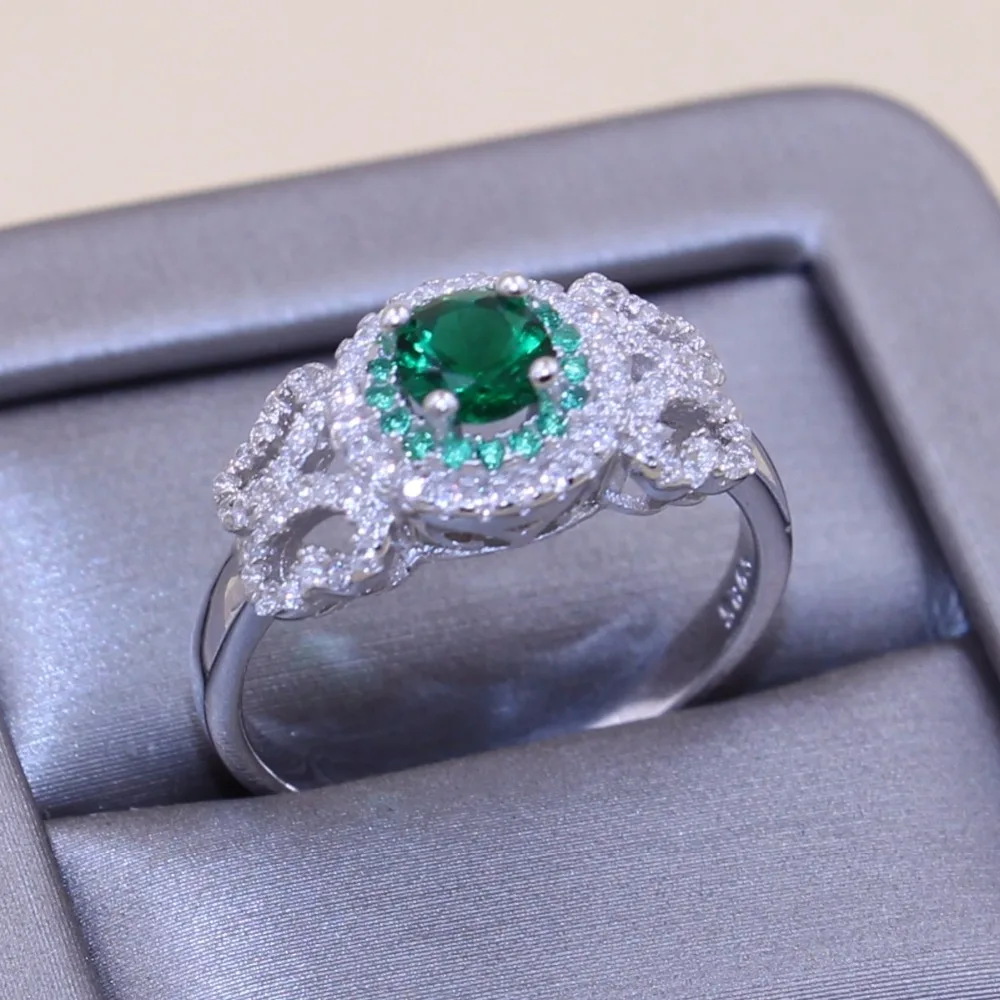 

Размер 5/6/7/8/9/10 модные роскошные украшения из чистого серебра 100% пробы круглой огранки зеленый и белый 5A CZ Свадебное женское кольцо для вечер...