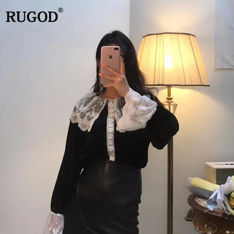 Женская винтажная блузка RUGOD черная однотонная в стиле пэчворк с длинными