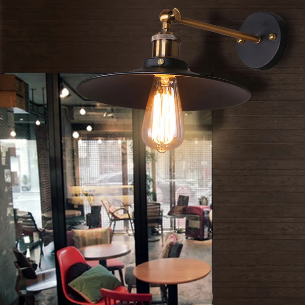 Fuloon Retro Industrial Edison Simplicity Light Wall Mount Sconces Aged Antique Brass Finish with Metal Shade Black-2 set | Освещение
