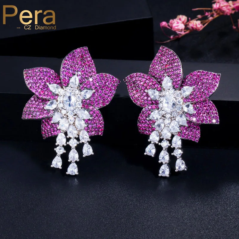 

Pera Elegant Women Silver Color Jewelry Big Geometric Rose Red Flower Cubic Zircon Long Drop Earrings for Ladies Prom Party E369