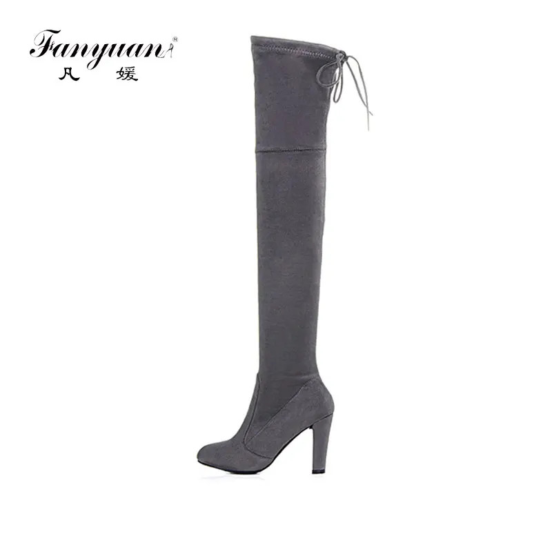 

Fanyuan New Arrival Over-the-Knee Winter Boots Slim Stretch Thigh High Boots Women Slip On Warm Flock Long Boots Block Heels