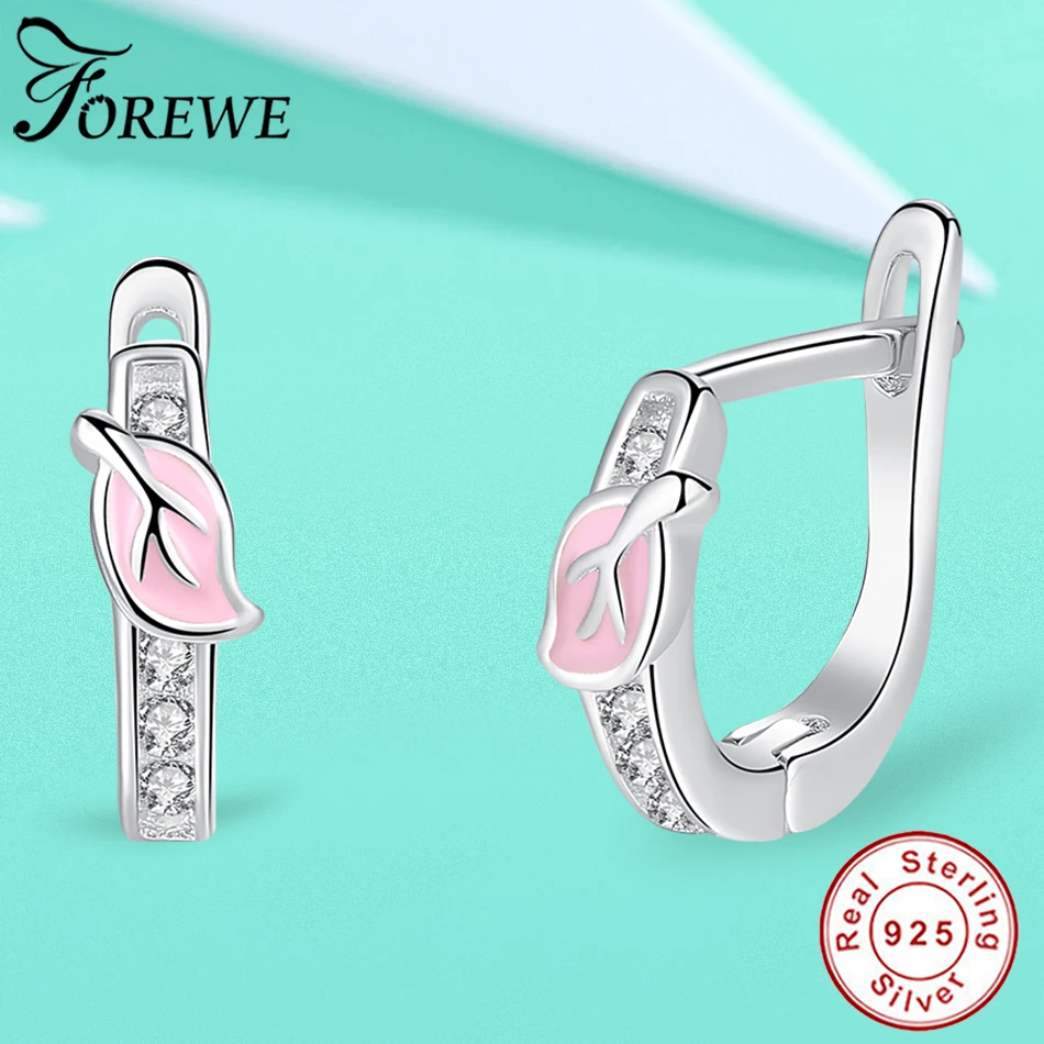 FOREWE серьги из стерлингового серебра 925 пробы проложить AAA циркония Розовая эмаль серьга-гвоздик с листком для девочек Дети Мода ювелирные изделия
