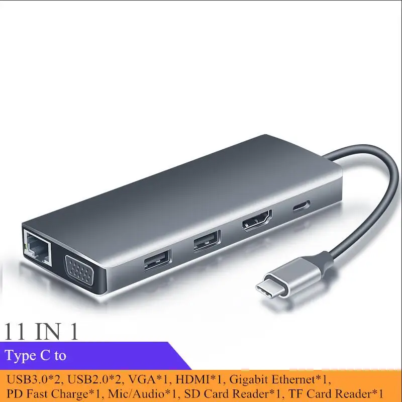 Megoo Тип C док-станция для ноутбука USB C к VGA/HDMI/Ethernet/USB3.0/Кардридер/Аудио/PD для Surface Pro/Mac Pro type C ноутбука - Цвет: 11 in 1